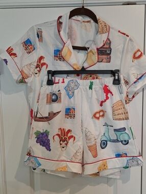 Novelty Italy Print Short Pajama Set - White with Multicolor Icons